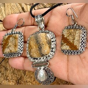 Picture Jasper & Blister Pearl Pendant & Earrings Set